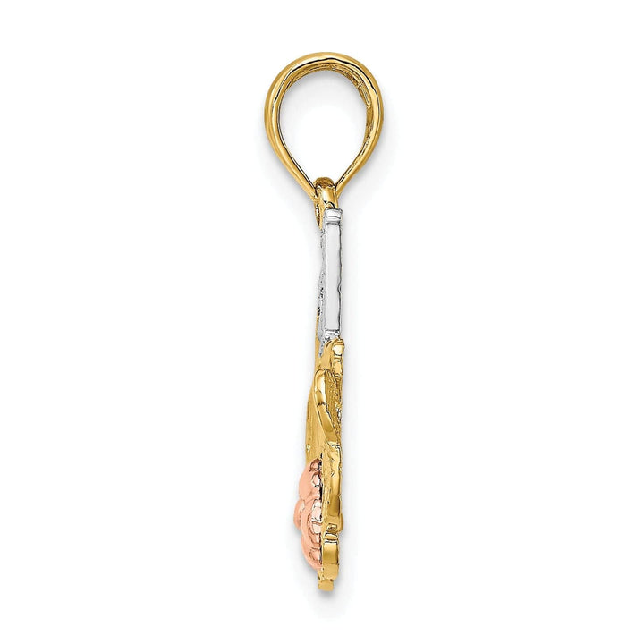 Lovely Rita's Pendants & Charms 14K Two Tone Gold, White Rhodium Textured Polished Finish Script #1 MOTHER with Leaf, Flower Design Charm Pendant