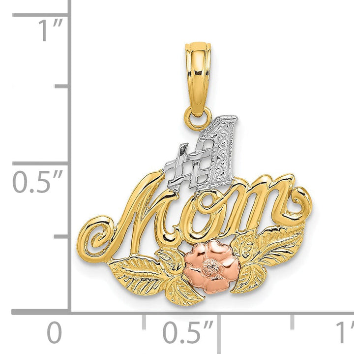 Lovely Rita's Pendants & Charms 14K Two Tone Gold, White Rhodium Textured Polished Finish Script #1 MOTHER with Leaf, Flower Design Charm Pendant
