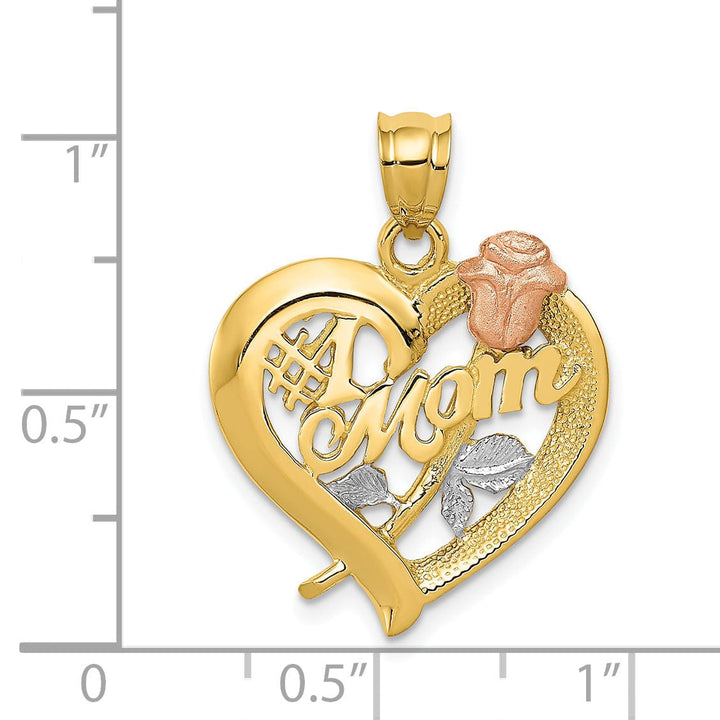 Lovely Rita's Pendants & Charms 14k Two-Tone Gold, White Rhodium Textured Polished Finish Solid #1 Mom with Rose in Heart Shape Design Charm Pendant