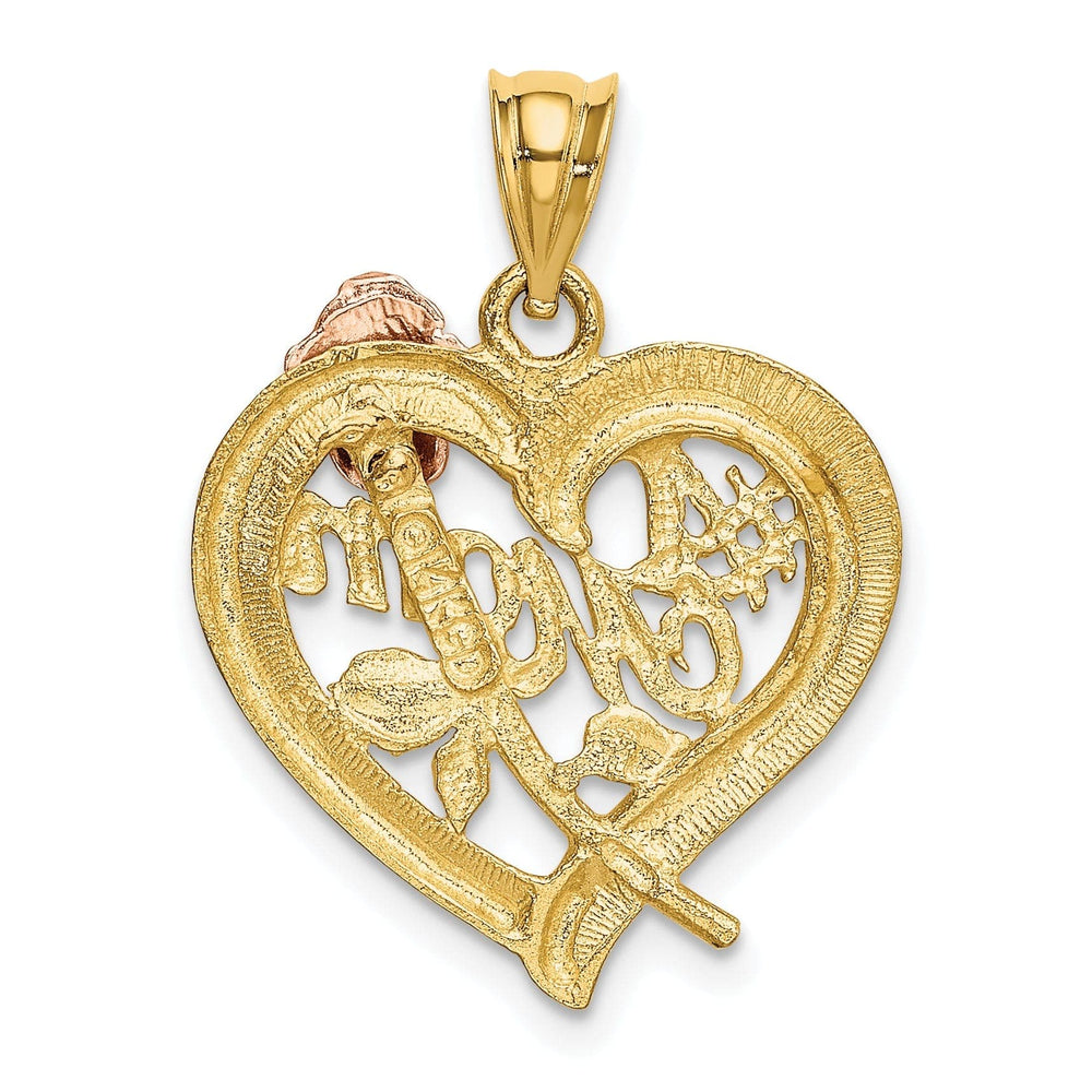 Lovely Rita's Pendants & Charms 14k Two-Tone Gold, White Rhodium Textured Polished Finish Solid #1 Mom with Rose in Heart Shape Design Charm Pendant