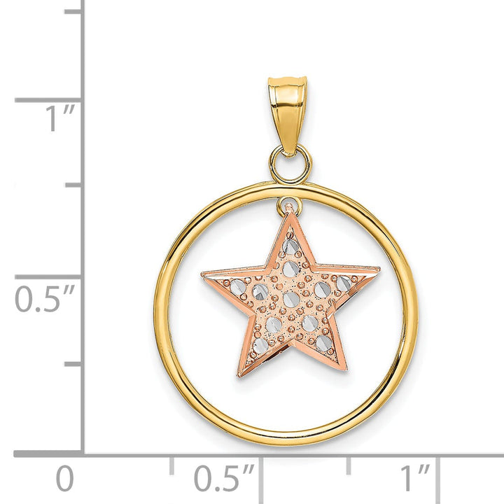 Lovely Rita's Pendants & Charms 14k Two Tone Gold White Rhodium Textured Polished Finish Star in Circle Frame Design Charm