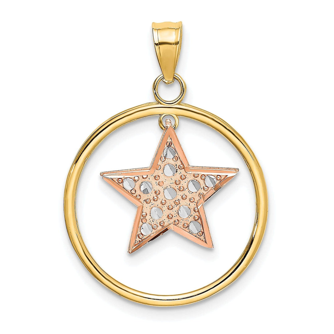 Lovely Rita's Pendants & Charms 14k Two Tone Gold White Rhodium Textured Polished Finish Star in Circle Frame Design Charm