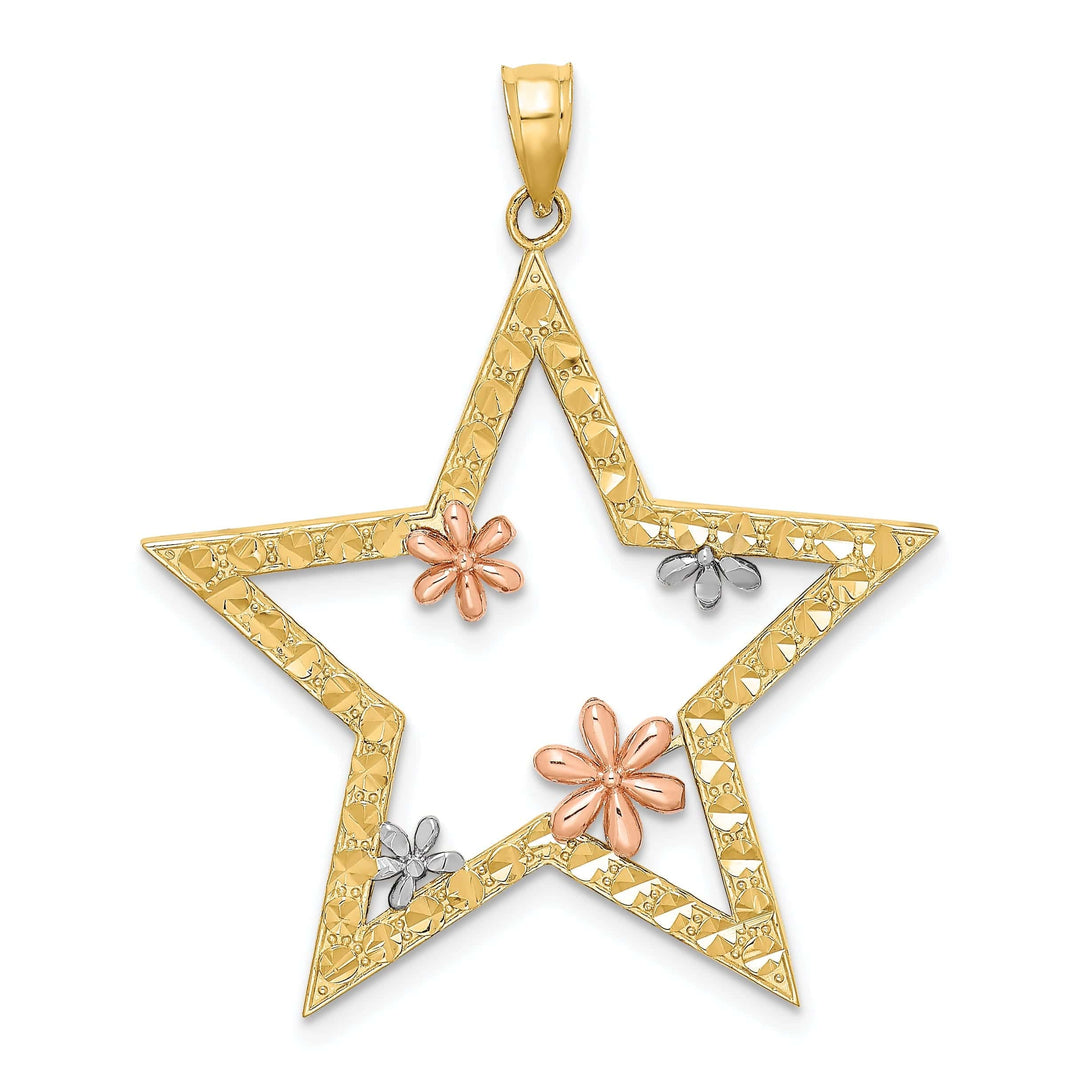 Lovely Rita's Pendants & Charms 14k Two Tone Gold White Rose Rhodium Open Back Polished Textured Finish Star with Flowers Charm Pendant