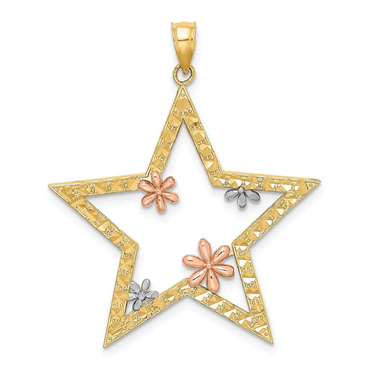 Lovely Rita's Pendants & Charms 14k Two Tone Gold White Rose Rhodium Open Back Polished Textured Finish Star with Flowers Charm Pendant