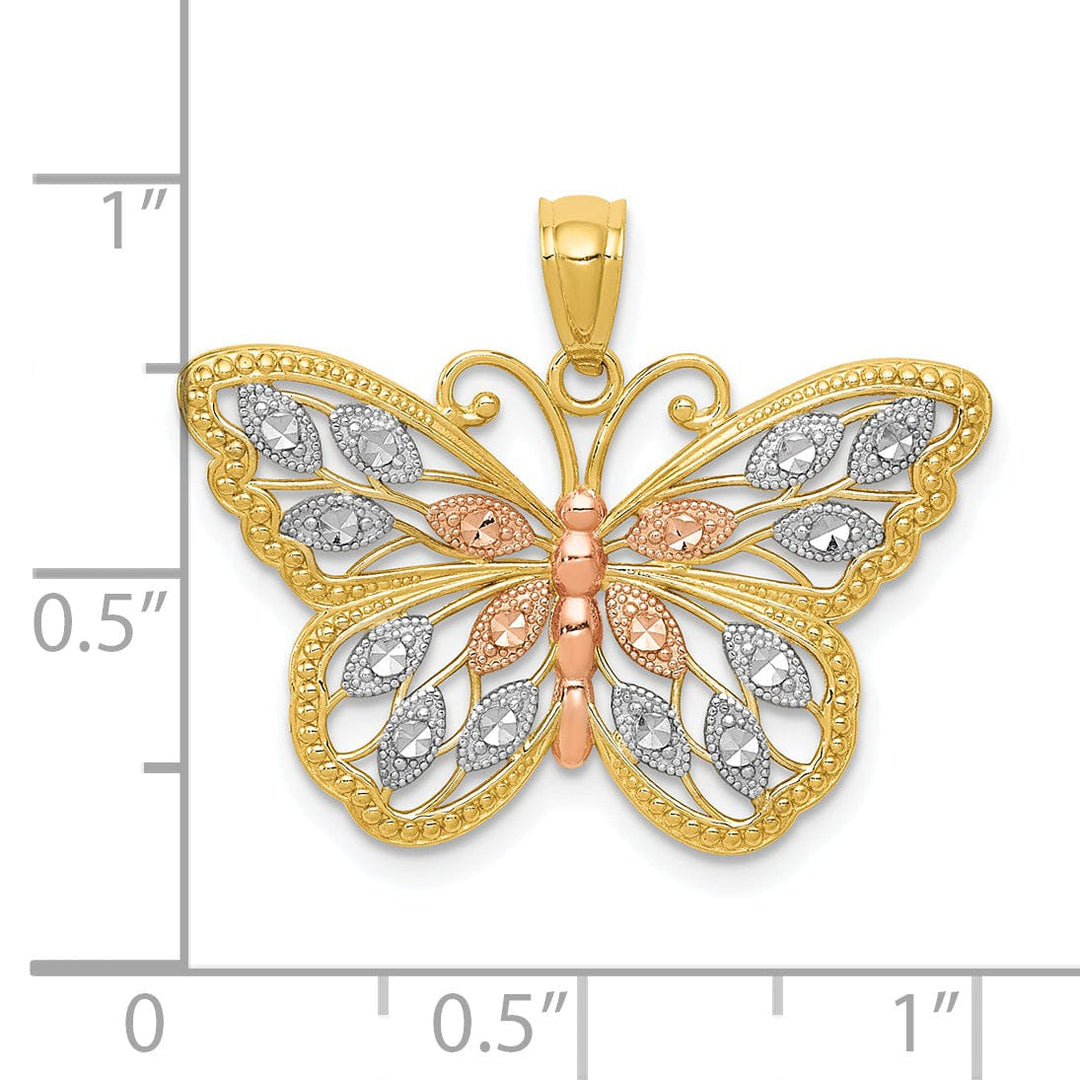 Lovely Rita's Pendants & Charms 14k Two-tone Gold with Rose Rhodium Casted Textured Back Solid Polished Finish Diamond-cut Butterfly Charm Pendant
