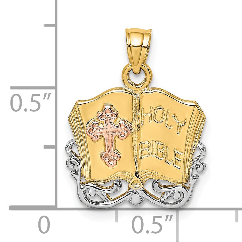 Lovely Rita's Pendants & Charms 14K Two Tone White Rhodium Gold Holy Bible with Cross Design Pendant