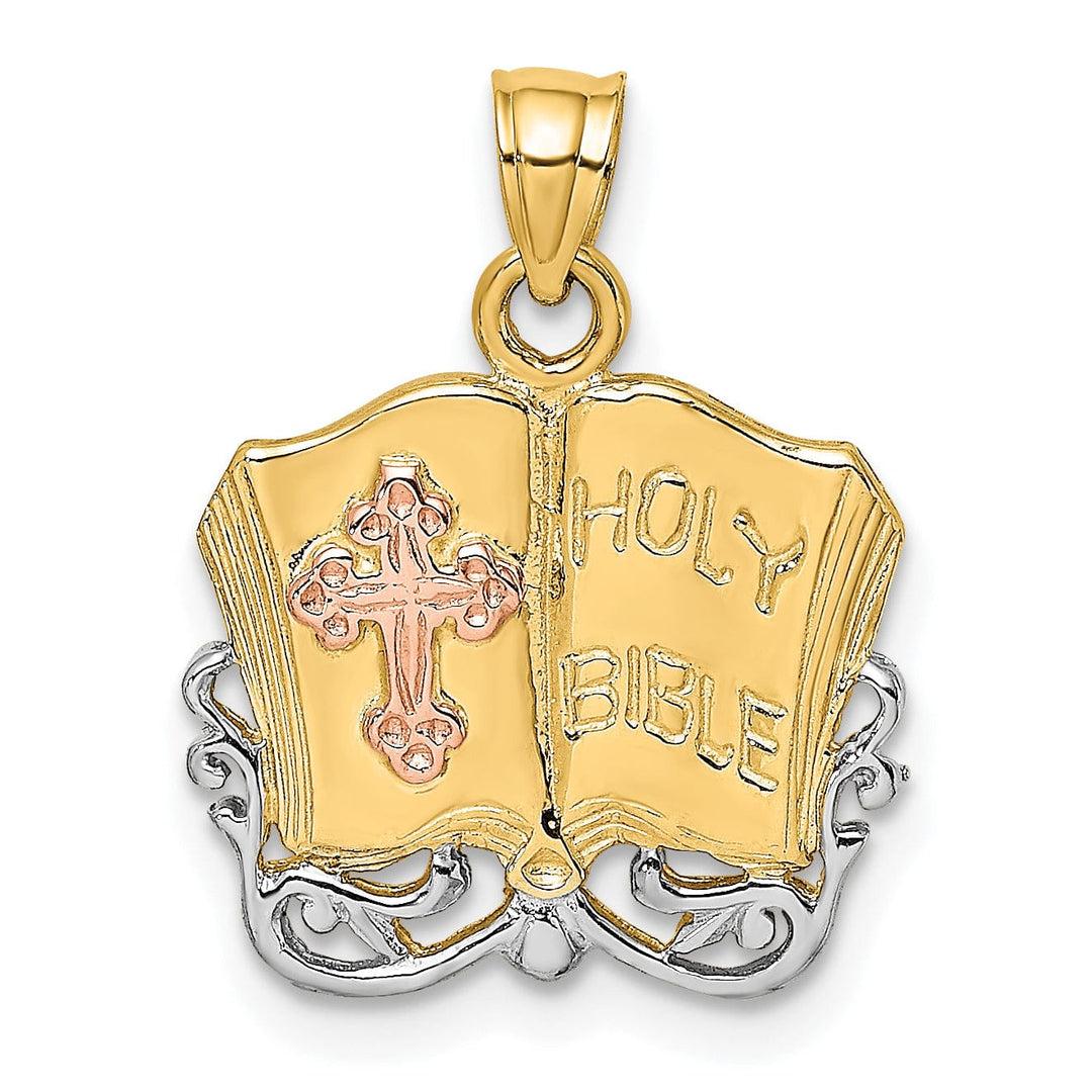 Lovely Rita's Pendants & Charms 14K Two Tone White Rhodium Gold Holy Bible with Cross Design Pendant