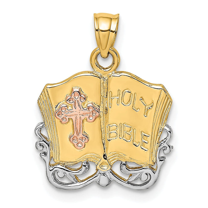 Lovely Rita's Pendants & Charms 14K Two Tone White Rhodium Gold Holy Bible with Cross Design Pendant