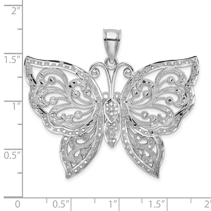 Lovely Rita's Pendants & Charms 14K White Gold Large Textured Back Solid Polished Finish Diamond-cut Beaded Butterfly Charm Pendant