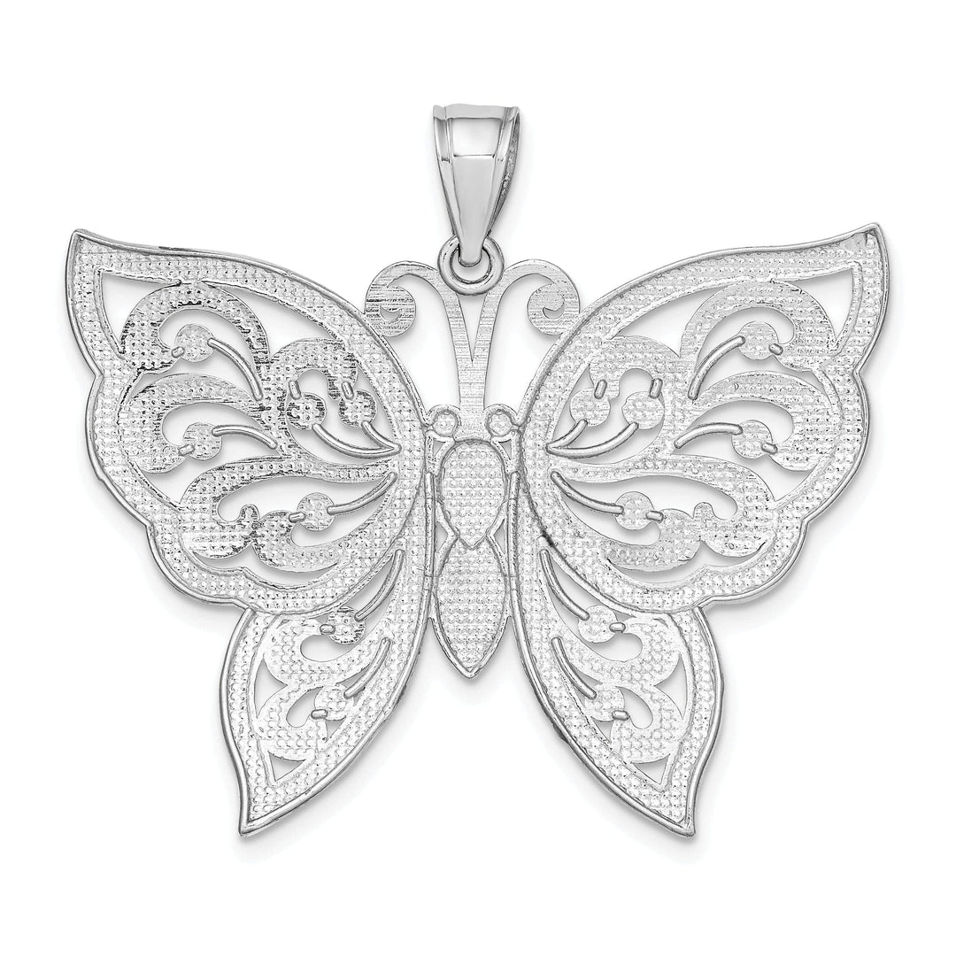 Lovely Rita's Pendants & Charms 14K White Gold Large Textured Back Solid Polished Finish Diamond-cut Beaded Butterfly Charm Pendant