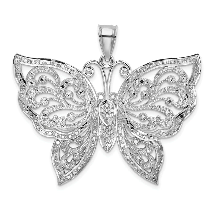 Lovely Rita's Pendants & Charms 14K White Gold Large Textured Back Solid Polished Finish Diamond-cut Beaded Butterfly Charm Pendant