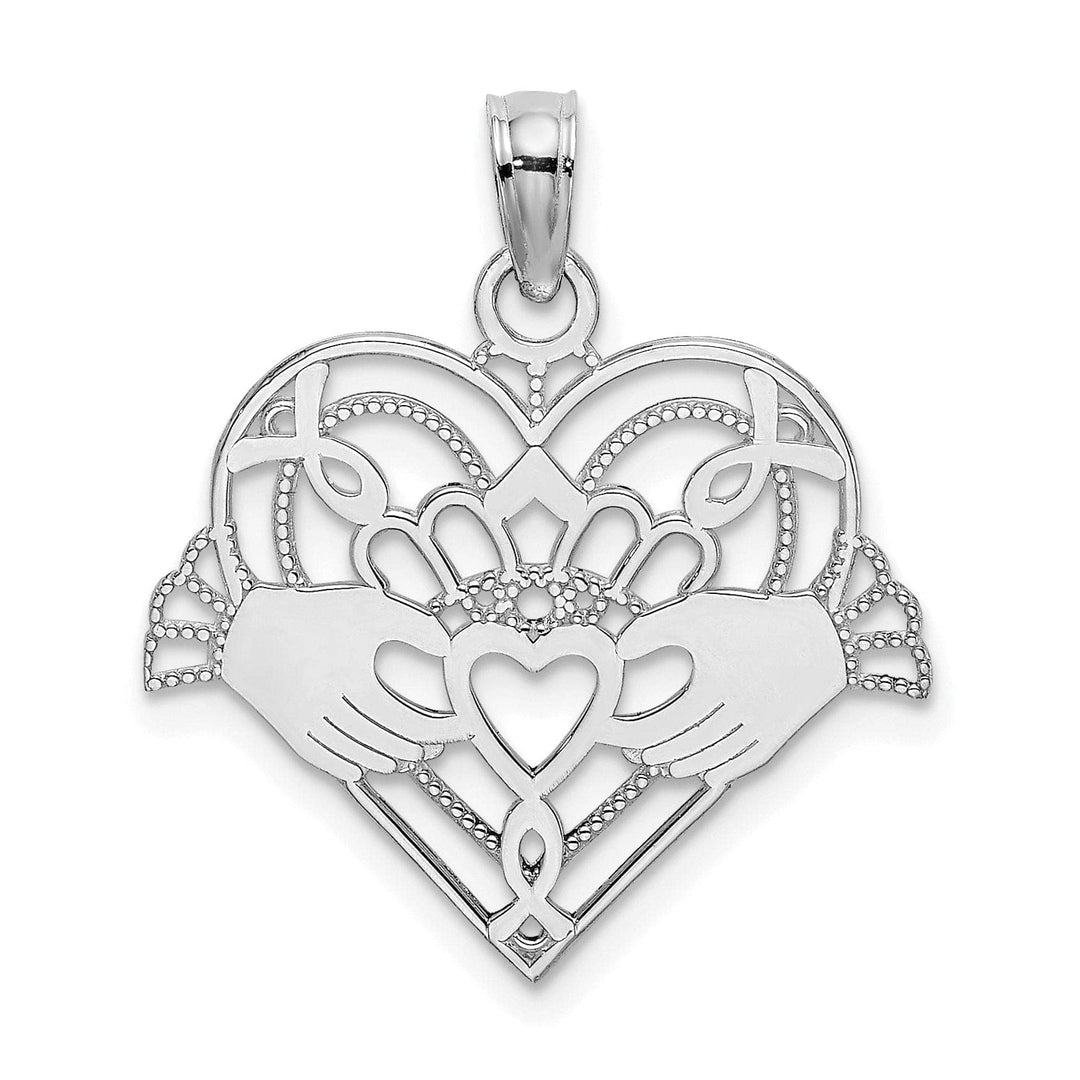 Lovely Rita's Pendants & Charms 14K White Gold Open Back Polished Finish with Beaded Design Claddagh In Heart Charm Pendant