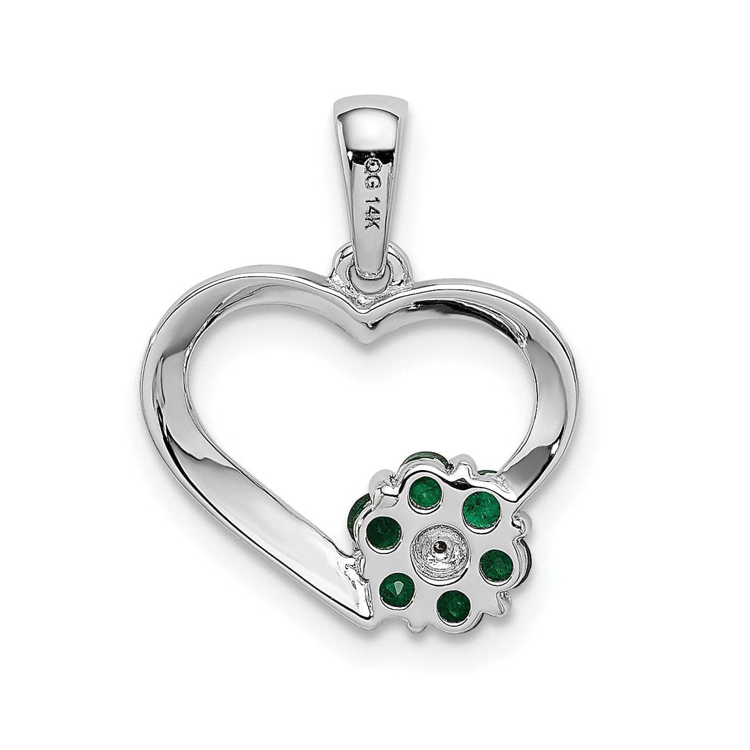 Lovely Rita's Pendants & Charms 14k White Gold Polished Finish Closed Back 0.003-CT Diamond & 0.155-CT Emerald Stones Heart and Flower Design Charm Pendant