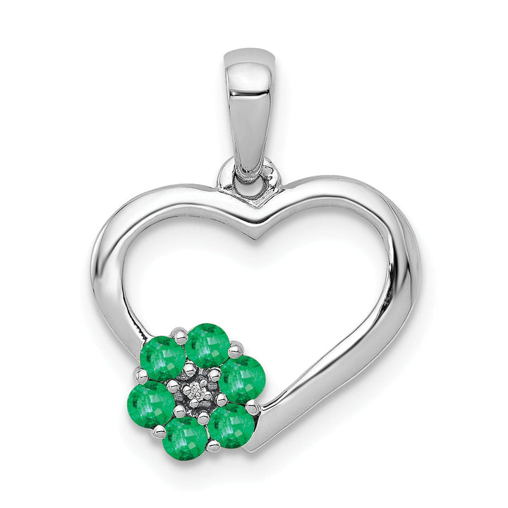 Lovely Rita's Pendants & Charms 14k White Gold Polished Finish Closed Back 0.003-CT Diamond & 0.155-CT Emerald Stones Heart and Flower Design Charm Pendant