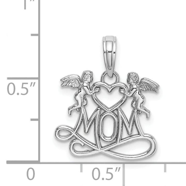 Lovely Rita's Pendants & Charms 14K White Gold Polished Finish MOM with 2 Angels Holding Heart Design Charm Pendant