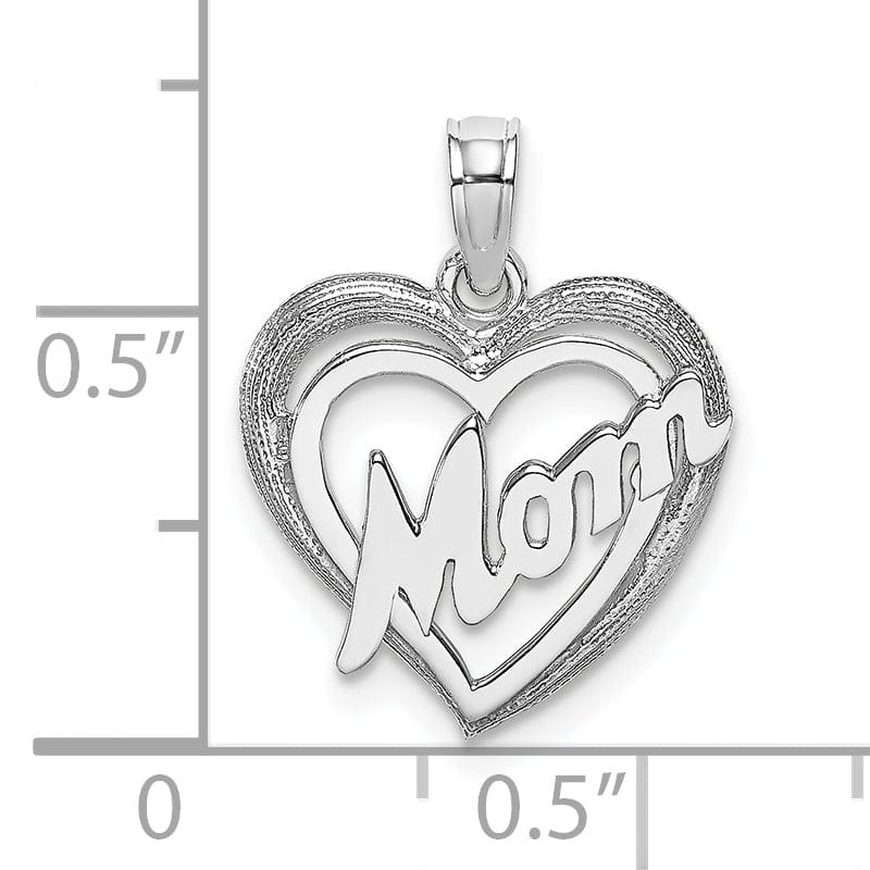 Lovely Rita's Pendants & Charms 14k White Gold Polished Textured Finish MOM in Double Heart Shape Design Charm Pendant