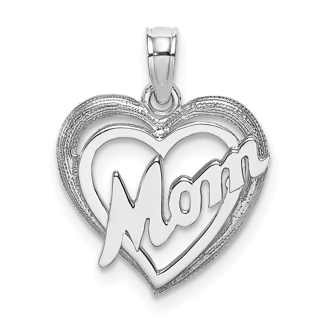 Lovely Rita's Pendants & Charms 14k White Gold Polished Textured Finish MOM in Double Heart Shape Design Charm Pendant