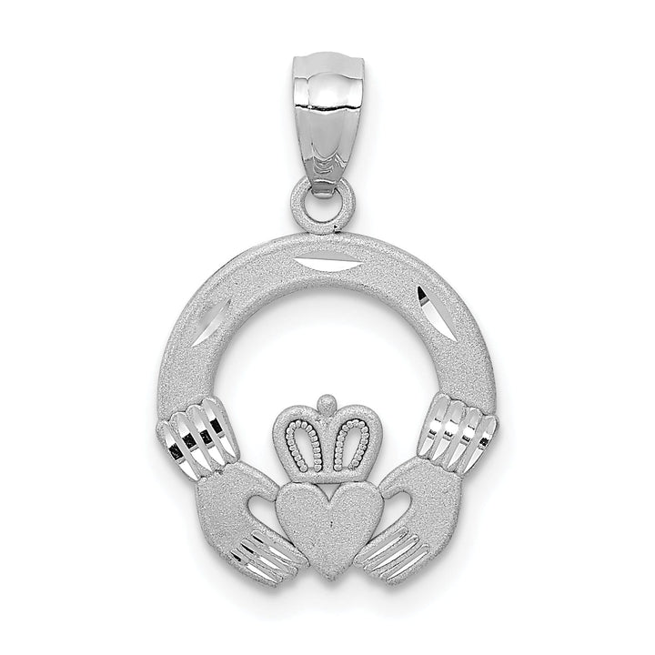Lovely Rita's Pendants & Charms 14k White Gold Solid Satin Diamond Cut Finish Flat-Backed Claddagh Design Charm Pendant