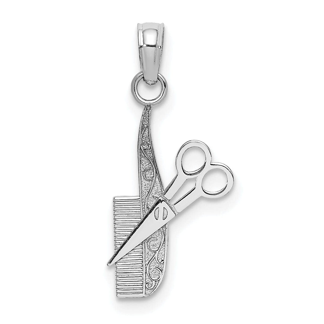 Lovely Rita's Pendants & Charms 14k White Gold Solid Textured Polished Finish Fancy Design Comb and Scissors Charm Pendant