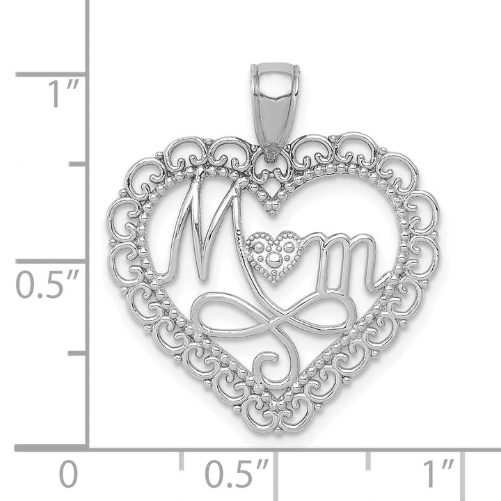 Lovely Rita's Pendants & Charms 14K White Gold Solid Textured Polished Finish MOM in Scallop Heart Shape Design Charm Pendant