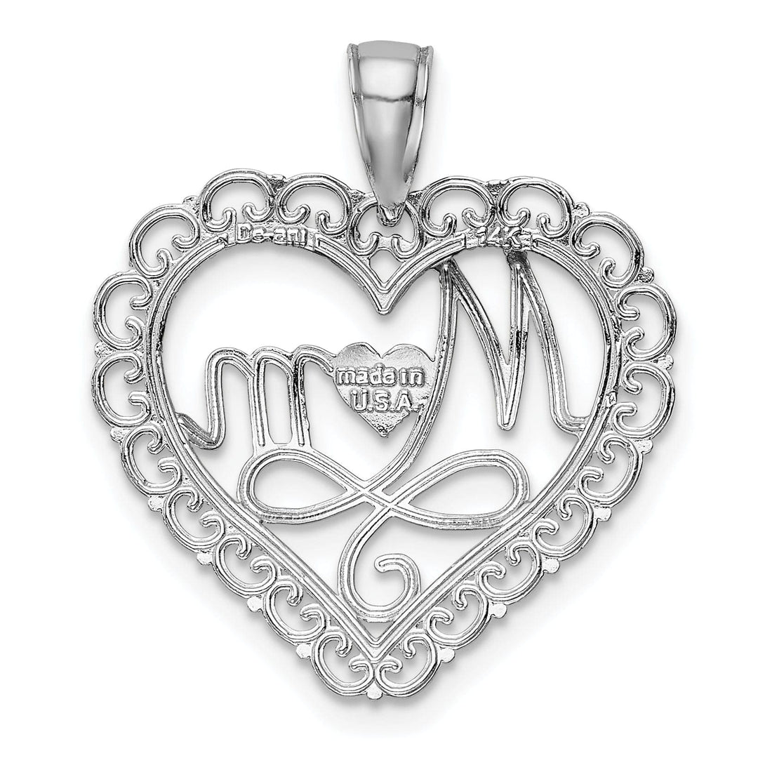 Lovely Rita's Pendants & Charms 14K White Gold Solid Textured Polished Finish MOM in Scallop Heart Shape Design Charm Pendant