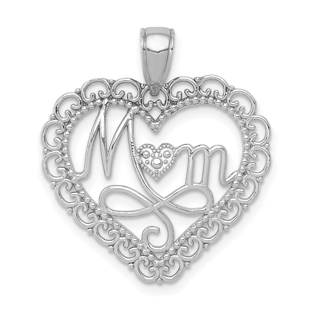 Lovely Rita's Pendants & Charms 14K White Gold Solid Textured Polished Finish MOM in Scallop Heart Shape Design Charm Pendant