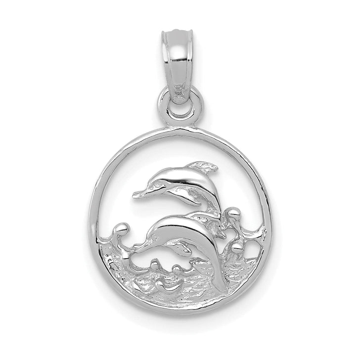 Lovely Rita's Pendants & Charms 14k White Gold Textured Polished Finish Solid Double Dolphin Swimming Circle Design Charm Pendant