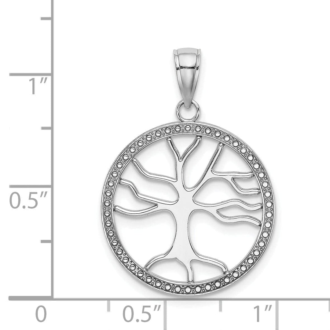 Lovely Rita's Pendants & Charms 14K White Gold Textured Polished Finish Tree of Life in a Large Size Round Beaded Frame Design Charm Pendant