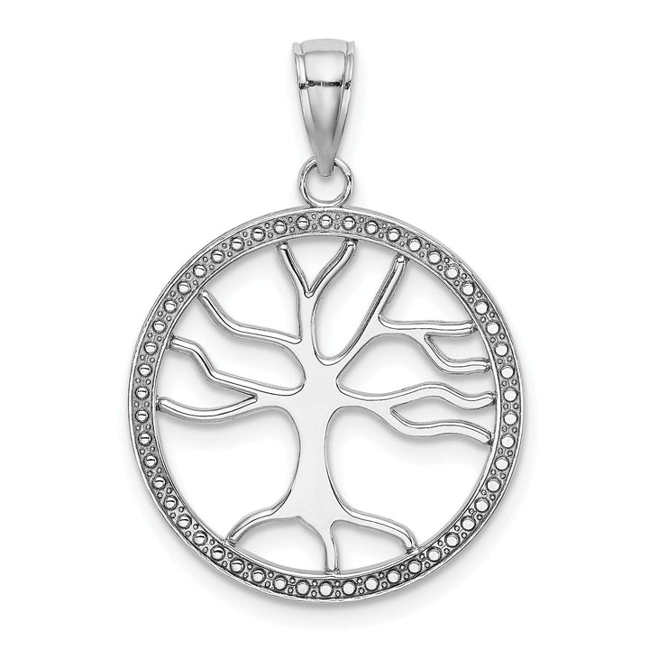 Lovely Rita's Pendants & Charms 14K White Gold Textured Polished Finish Tree of Life in a Large Size Round Beaded Frame Design Charm Pendant