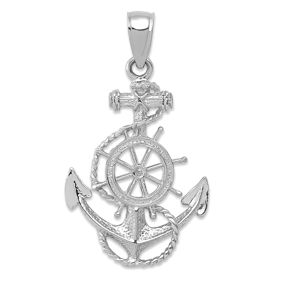 Lovely Rita's Pendants & Charms 14K White Gold Textured Polished Solid Anchor Rope Wheel Design Charm