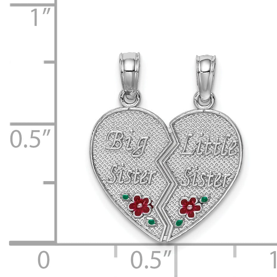 Lovely Rita's Pendants & Charms 14K White Gold Textured, Red, Green Enamel Finish BIG-LITTLE SISTER Break Apart Heart Charm Pendant