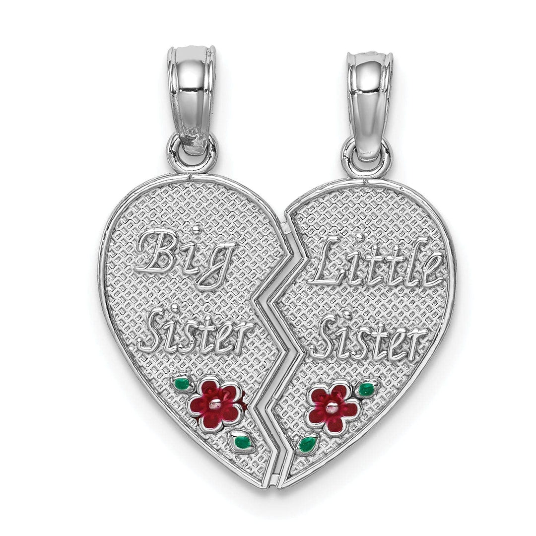 Lovely Rita's Pendants & Charms 14K White Gold Textured, Red, Green Enamel Finish BIG-LITTLE SISTER Break Apart Heart Charm Pendant