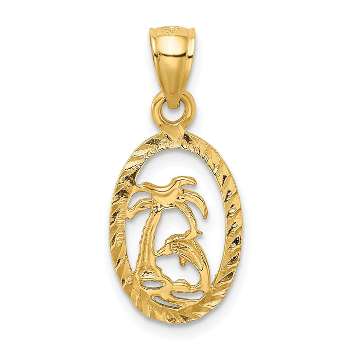 Lovely Rita's Pendants & Charms 14K Yello w Gold Soild Polished Diamond Cut Finish Dolphin and Palm Design Tree Charm Pendant