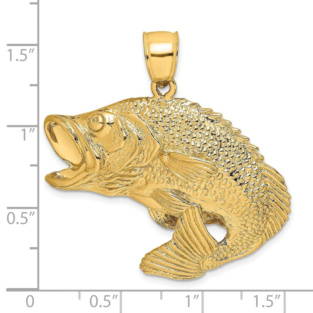Lovely Rita's Pendants & Charms 14k Yellow Gold 2-Dimensional Solid Polished Textured Finish Bass Fish Jumping Charm Pendant