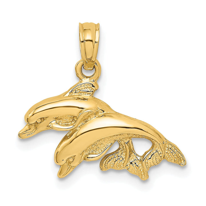 Lovely Rita's Pendants & Charms 14K Yellow Gold 2-Dimensional Textured Polished Finish Double Dolphins Jumping Left Sided Charm Pendant