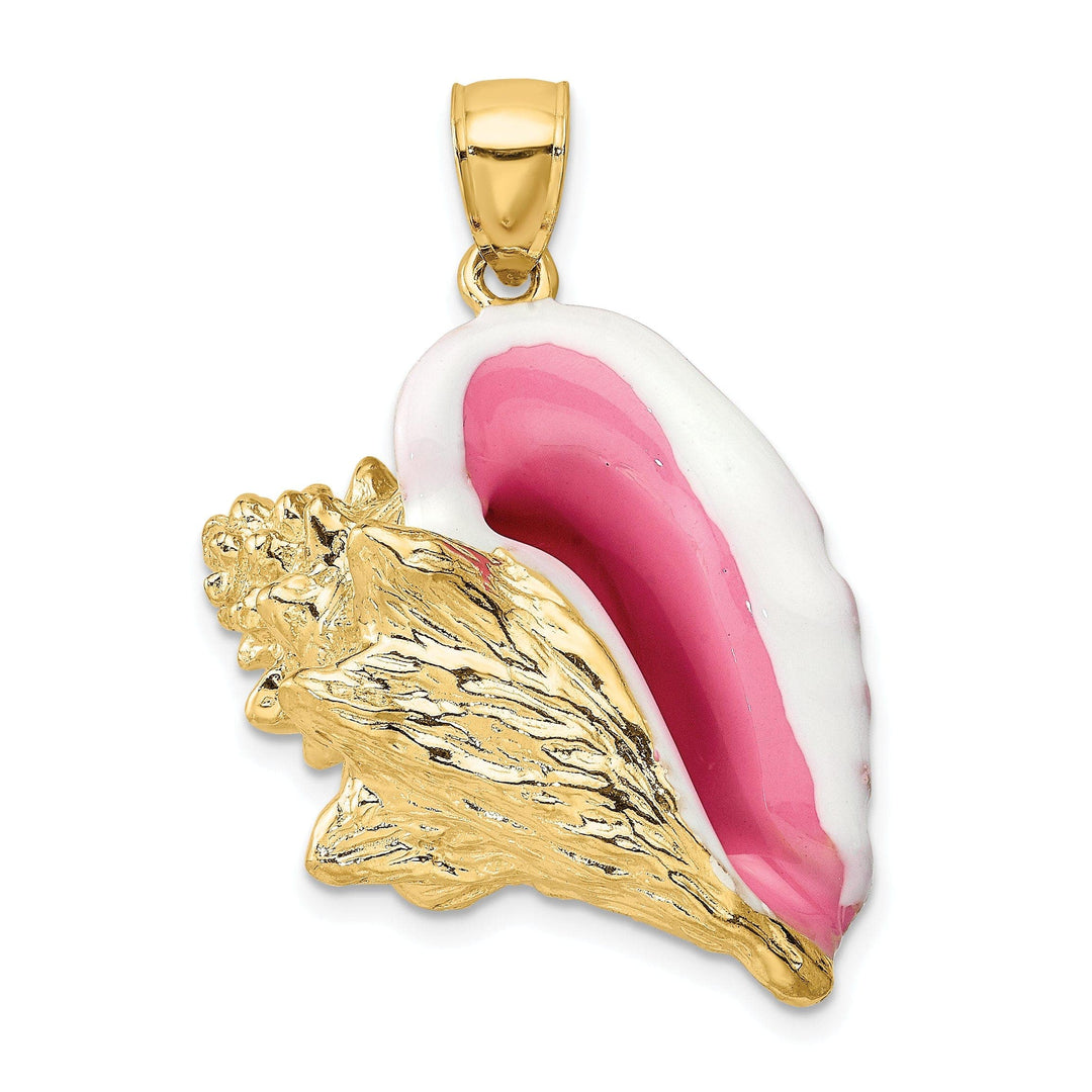 Lovely Rita's Pendants & Charms 14K Yellow Gold 3-Dimensional Pink White Enameled Texture Polished Finish Large Size Men's Conch Shell Charm Pendant