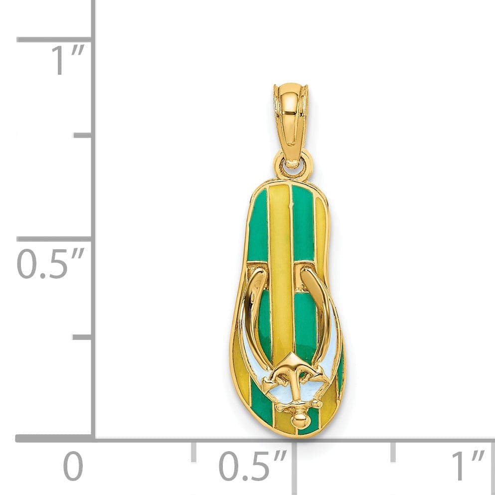 Lovely Rita's Pendants & Charms 14K Yellow Gold 3-Dimensional Polished Texture Green Strip Enamel Finish with Anchor Flip-Flop Design Sandle Charm Pendant