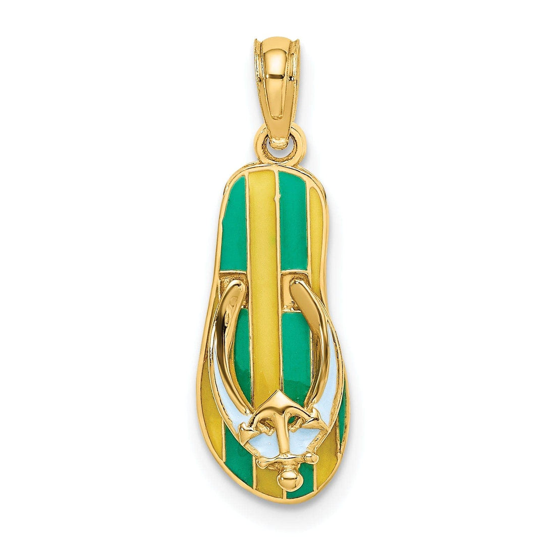Lovely Rita's Pendants & Charms 14K Yellow Gold 3-Dimensional Polished Texture Green Strip Enamel Finish with Anchor Flip-Flop Design Sandle Charm Pendant