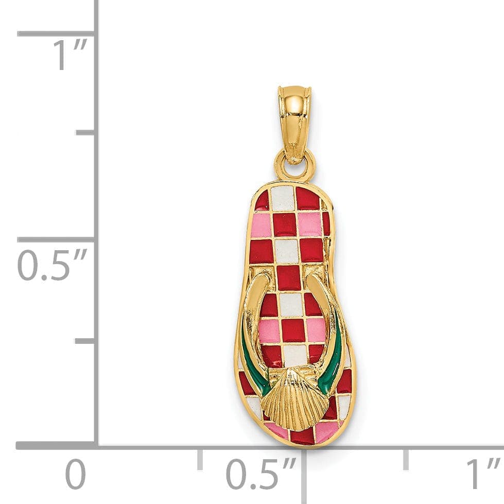 Lovely Rita's Pendants & Charms 14K Yellow Gold 3-Dimensional Polished Texture Red Checkered Enamel Finish with Sea Shell Flip-Flop Design Sandle Charm Pendant