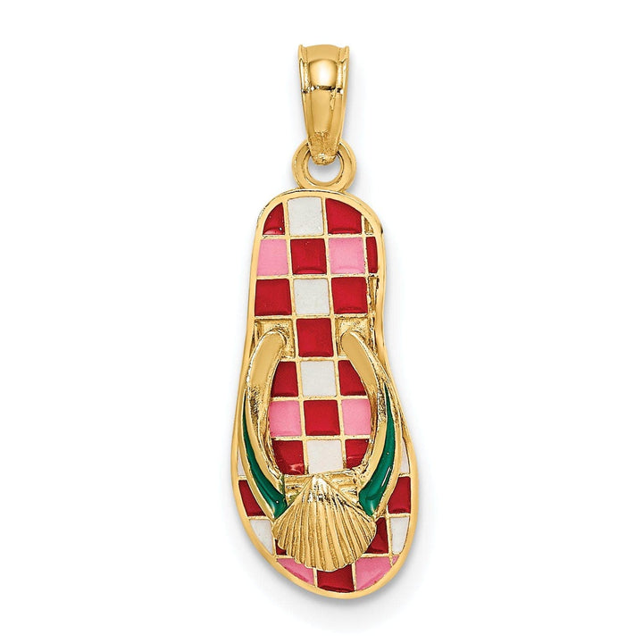 Lovely Rita's Pendants & Charms 14K Yellow Gold 3-Dimensional Polished Texture Red Checkered Enamel Finish with Sea Shell Flip-Flop Design Sandle Charm Pendant