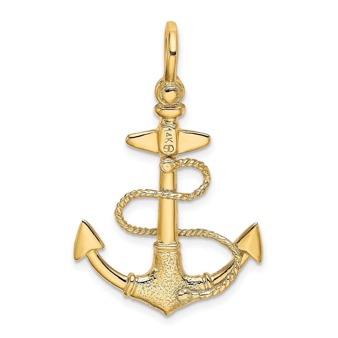 Lovely Rita's Pendants & Charms 14K Yellow Gold 3-Dimensional Polished Textured Finish Anchor with Rope and Shackle Bail Charm Pendant