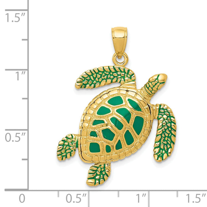 Lovely Rita's Pendants & Charms 14k Yellow Gold 3D Solid Casted Textured and Polished Finish Enameled Sea Turtle Charm Pendant