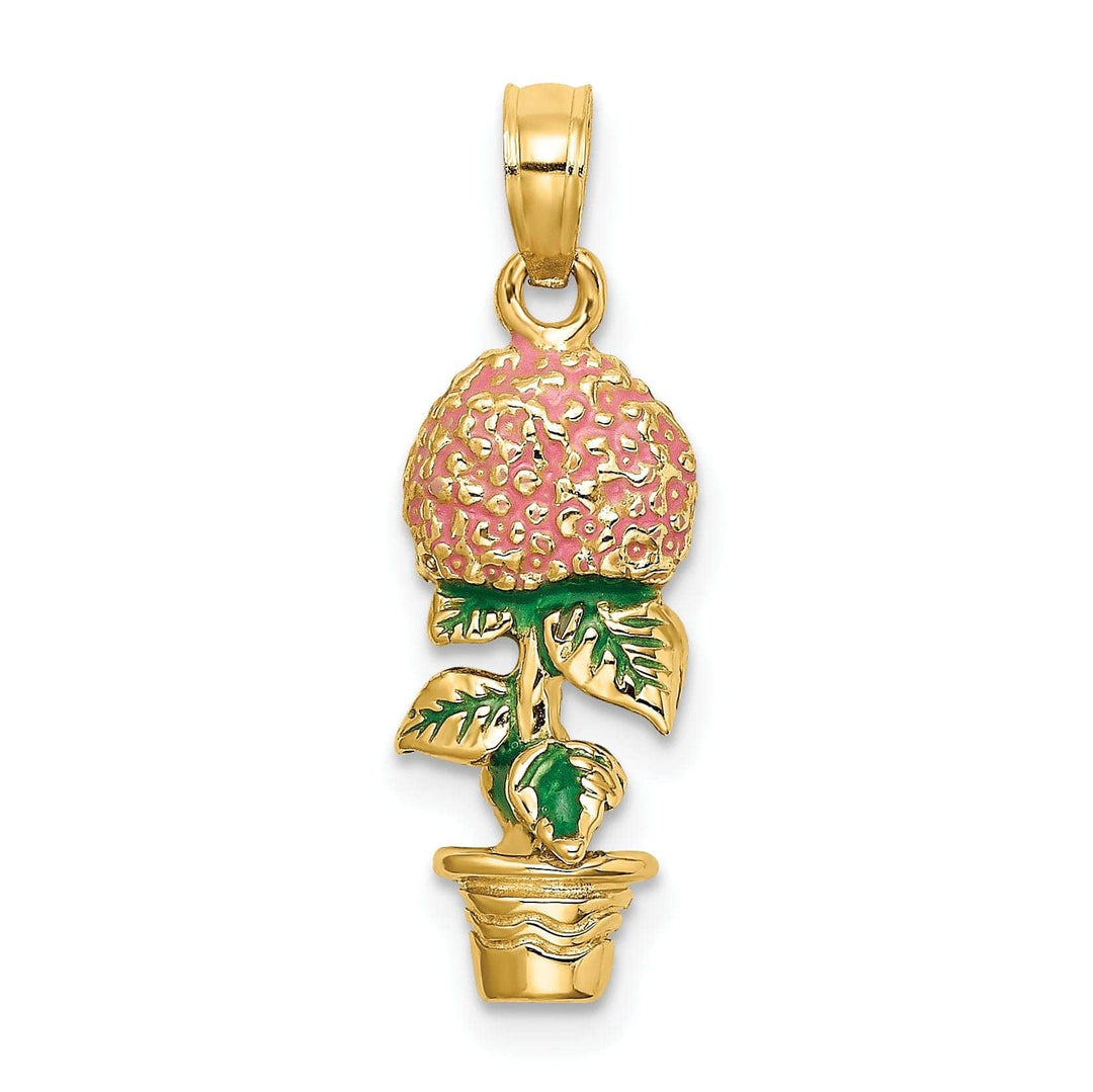 Lovely Rita's Pendants & Charms 14k Yellow Gold 3D Solid Polished Finish Enameled Pink Hydrangea Flowers In Pot Charm Pendant
