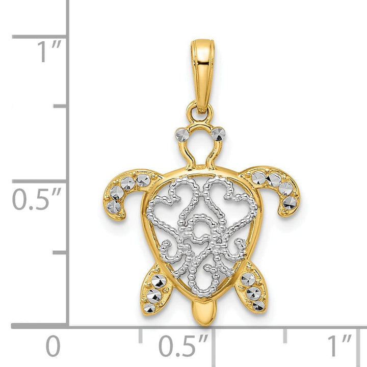 Lovely Rita's Pendants & Charms 14k Yellow Gold and White Rhodium Casted Diamond-cut Filigree Turtle Charm Pendant