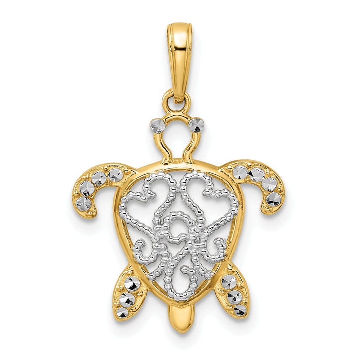 Lovely Rita's Pendants & Charms 14k Yellow Gold and White Rhodium Casted Diamond-cut Filigree Turtle Charm Pendant