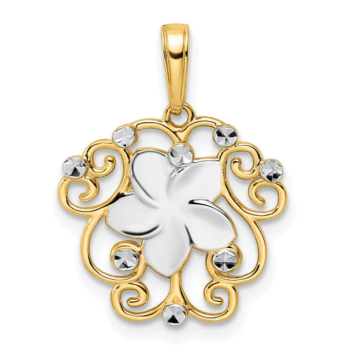 Lovely Rita's Pendants & Charms 14k Yellow Gold and White Rhodium Casted Flat Back Solid Polished Finish Diamond-cut Floral Charm Pendant