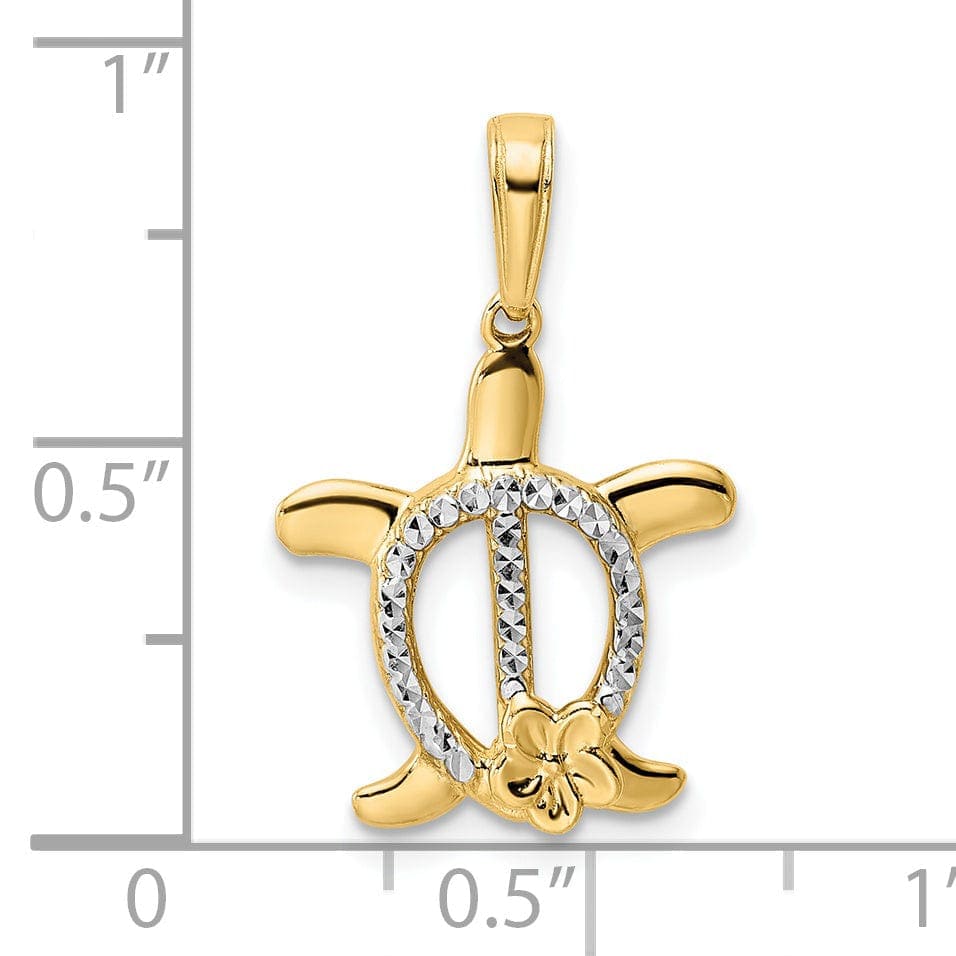 Lovely Rita's Pendants & Charms 14k Yellow Gold and White Rhodium Casted Solid Polished Finish Diamond-cut Turtle with Flower Charm Pendant