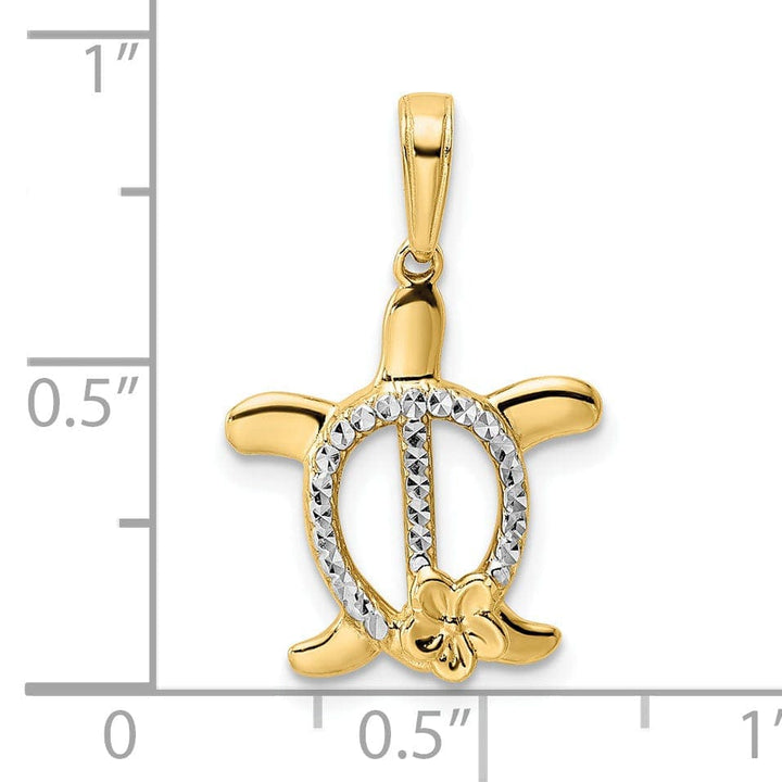 Lovely Rita's Pendants & Charms 14k Yellow Gold and White Rhodium Casted Solid Polished Finish Diamond-cut Turtle with Flower Charm Pendant