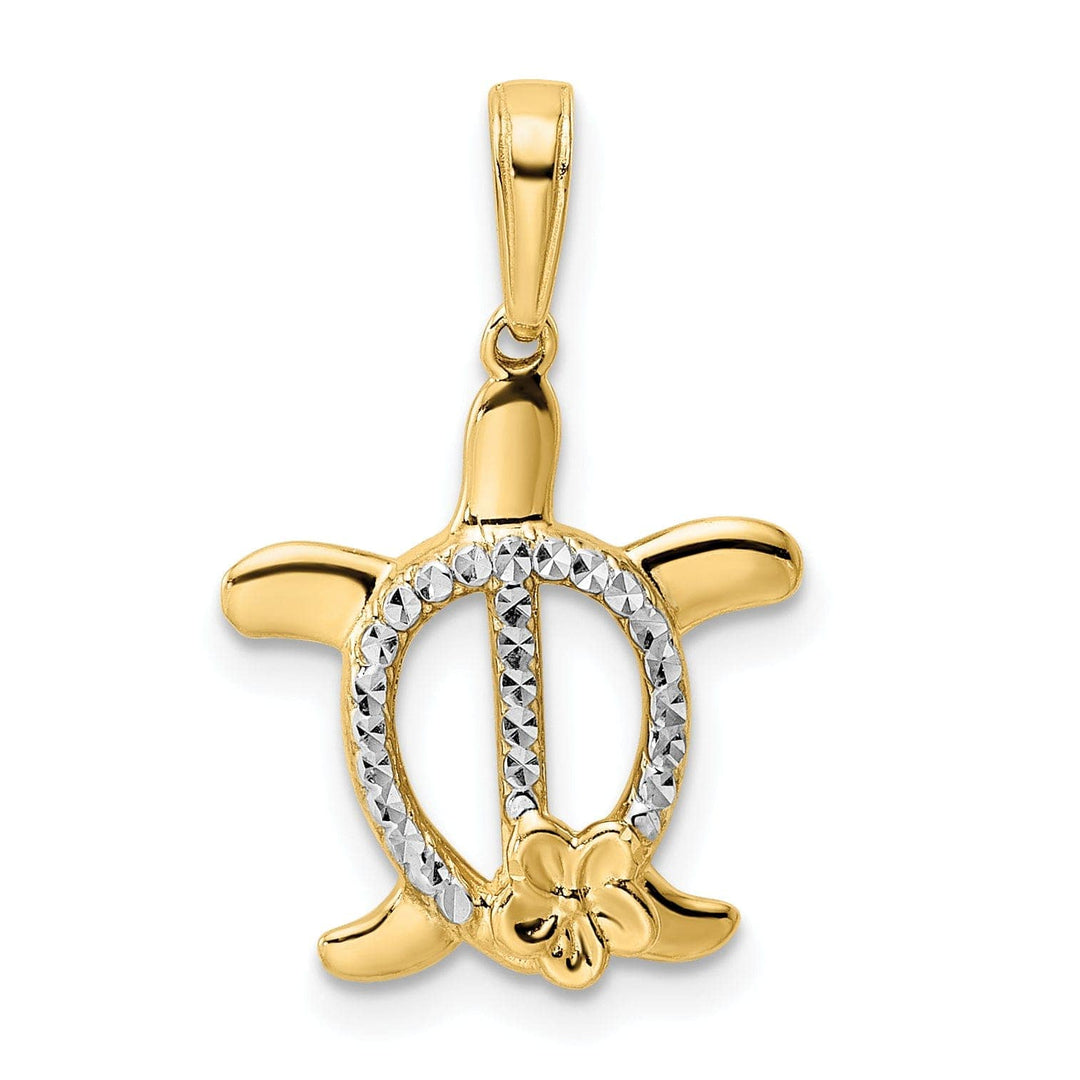 Lovely Rita's Pendants & Charms 14k Yellow Gold and White Rhodium Casted Solid Polished Finish Diamond-cut Turtle with Flower Charm Pendant
