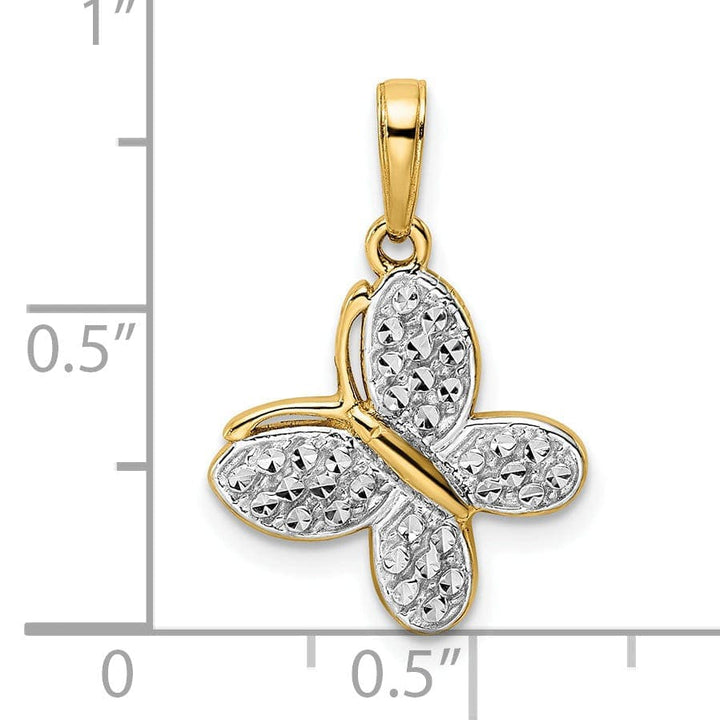Lovely Rita's Pendants & Charms 14k Yellow Gold and White Rhodium Flat Back Casted Solid Polished Finish Diamond-cut Fancy Butterfly Charm Pendant
